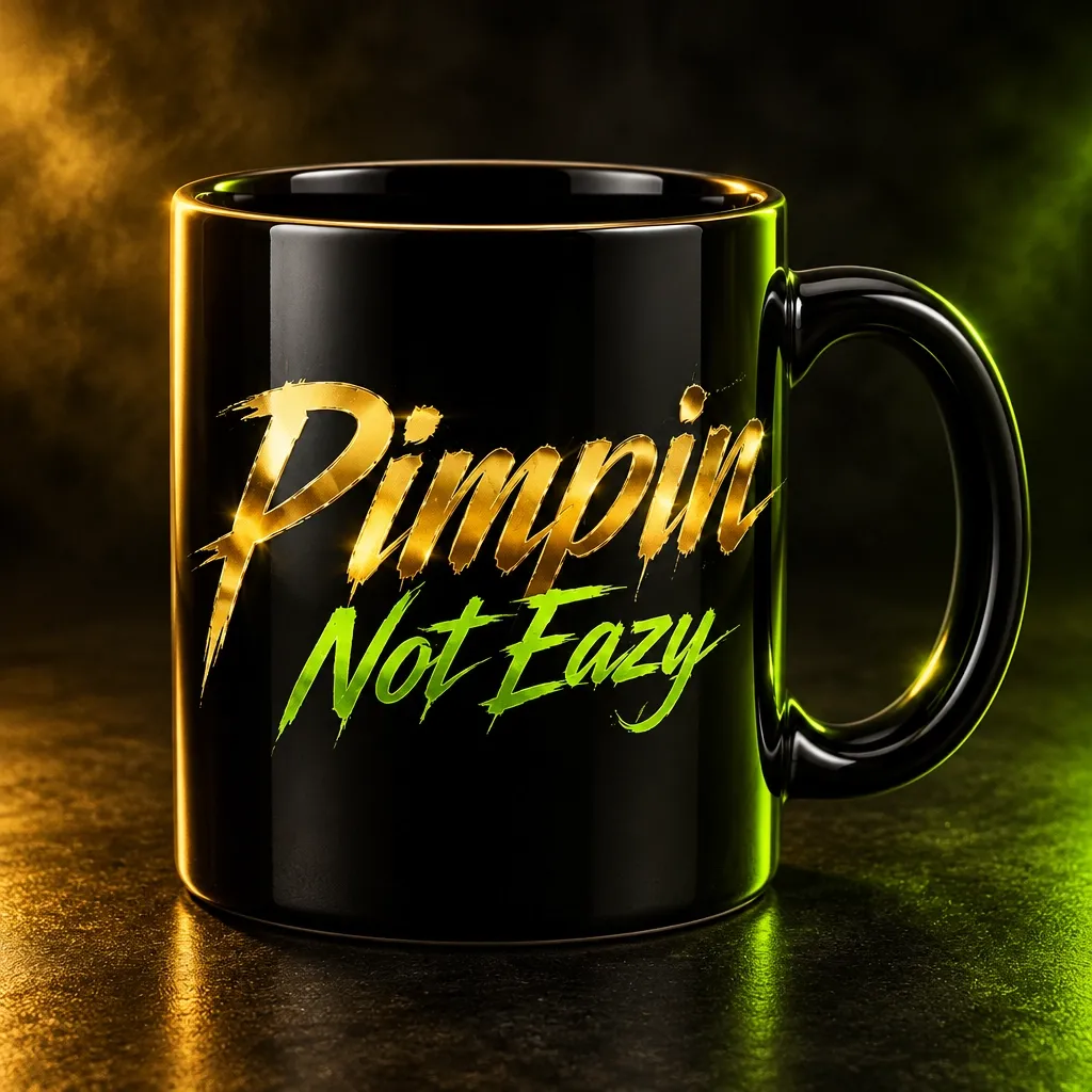 Black Pimpin Not Eazy ceramic cup with gold and lime lettering